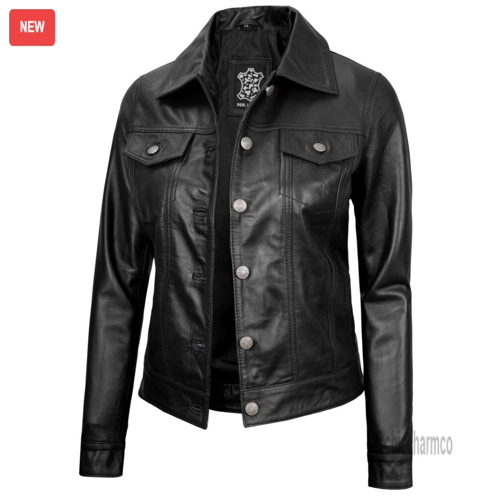 Lambskin Leather Jacket Shirt Collar Classic Chic Formal Vintage Trucker Style